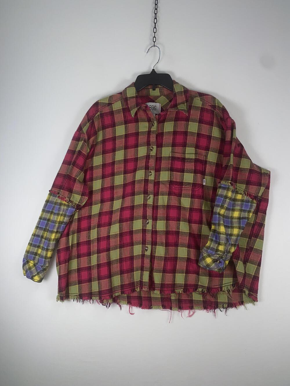 BDG Shirt Womens S-P Multicolor Plaid Raw Hem Button Up Flannel Top Patchwork
